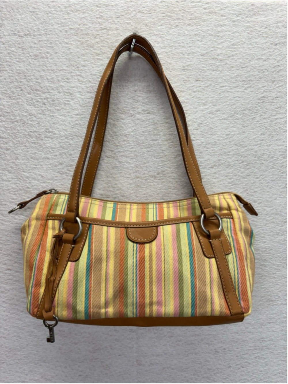 Fossil ZB9743 Multicolor Striped Canvas Leather Shoulder Bag Key Charm Y2K